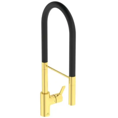 Küchenarmatur von Ideal Standard mit einem gebogenen, schwarzen Auslauf und einem goldenen Sockel. Der Hebel zur Temperaturregulierung ist an der Seite angebracht.